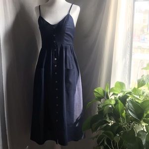 Navy Mid button down linen dress with pockets